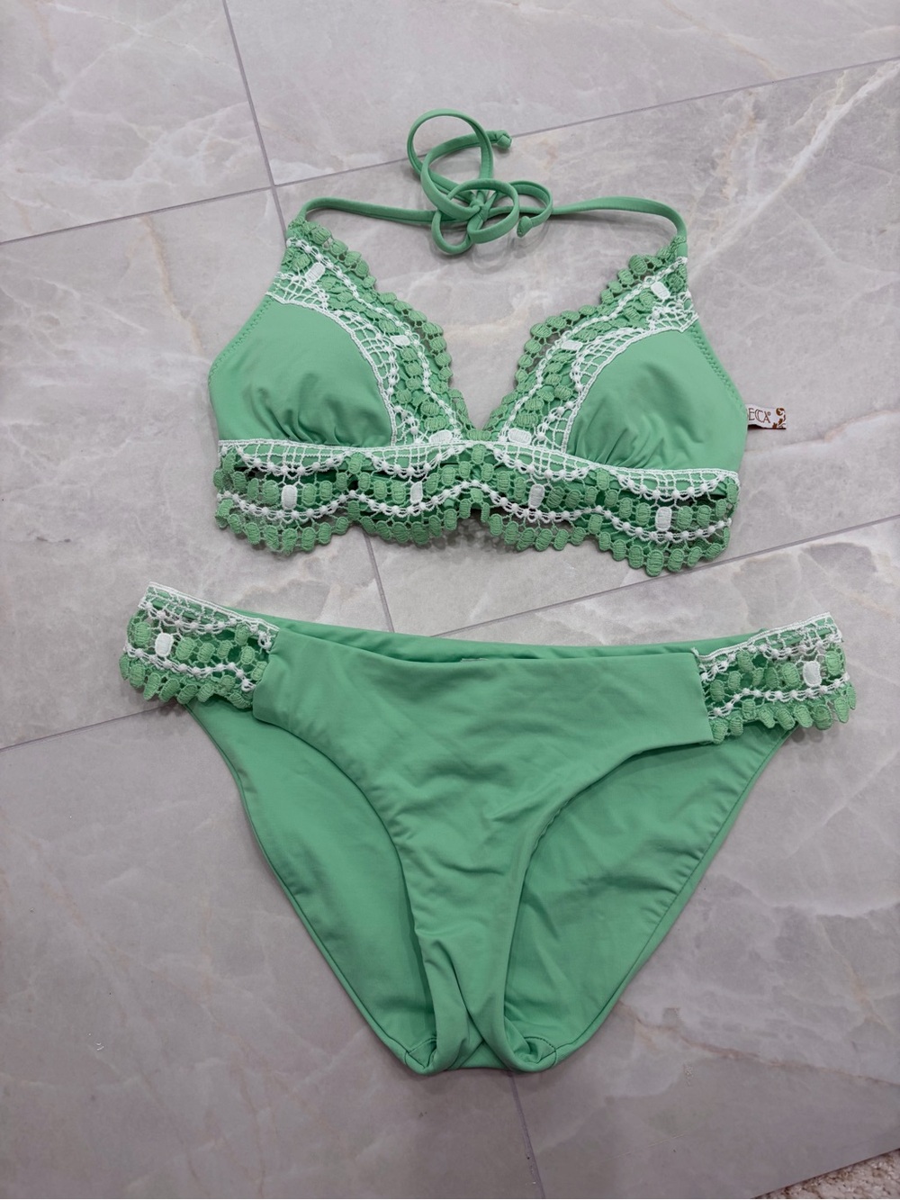 BECCA by Rebecca Virtue Mint Green Crochet-Trim Bikini Set - S